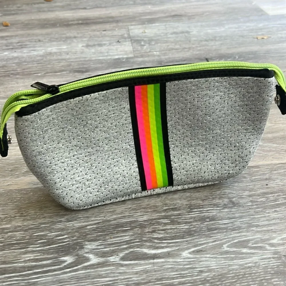 Neoprene Grey & Neon Striped Cosmetic Case NWT